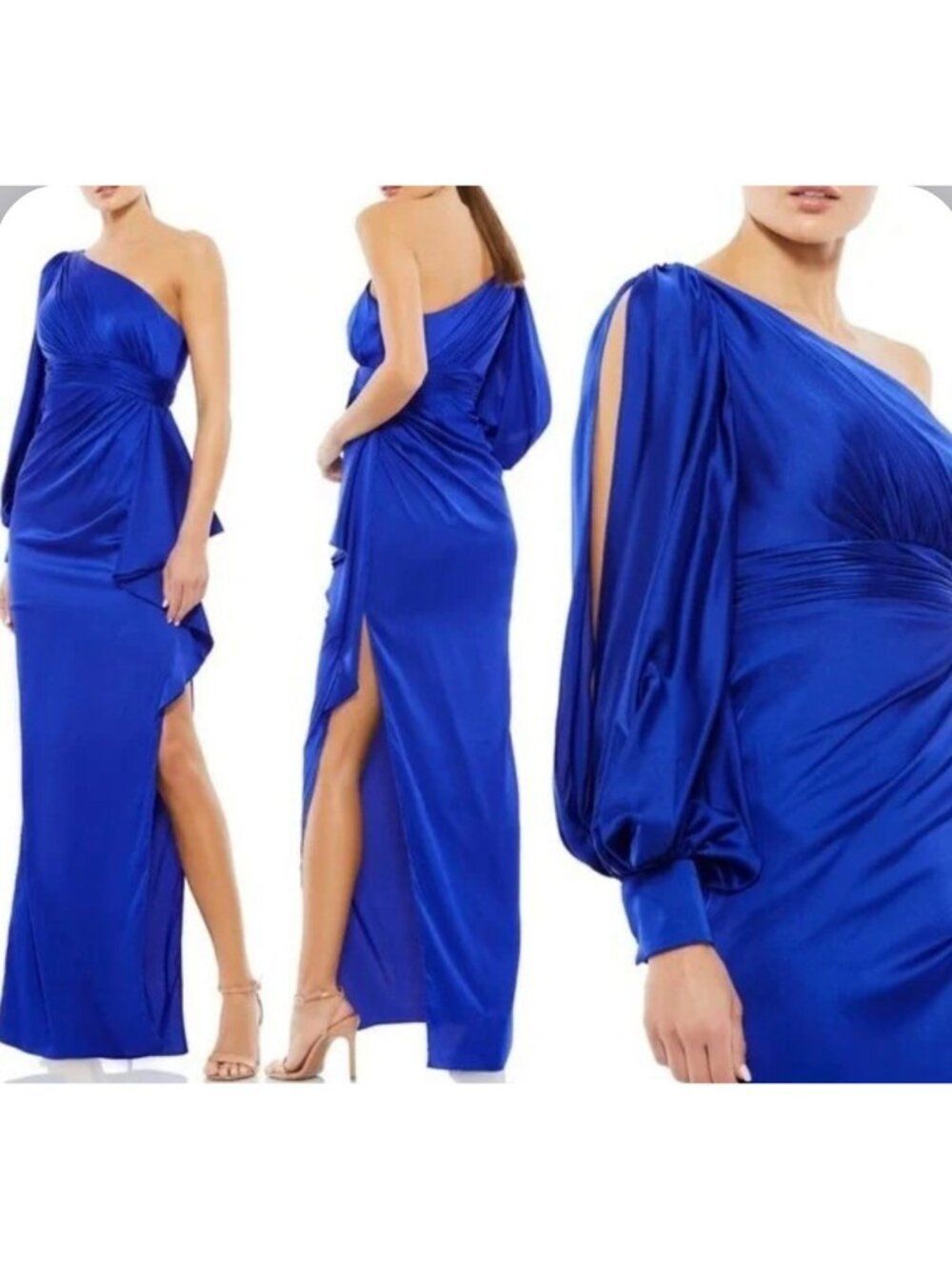 Mac Duggal Women's Sapphire One Shoulder Bishop Sleeve Gown Dress Size 4